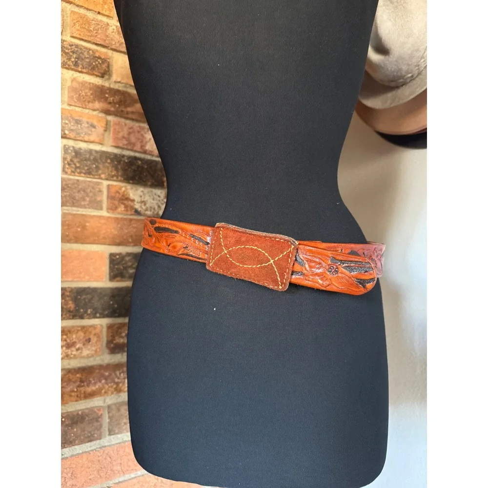 Custom Leather Belt Gary Western Tooled Design Mens Size 36-40‎ Brown